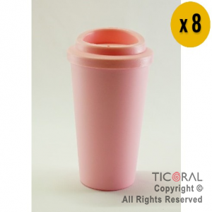 VASO TERMICO DE PLASTICO CAFE TIPO STARBUCKS ROSA PASTEL 300 CC X 8